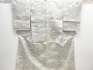 未使用品　網干に草花模様織り出し手織り真綿小千谷紬単衣着物